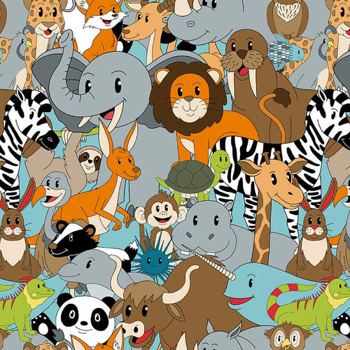 A to Zoo Stacked Animals Light Gray Hannah of Pencil & Ink Studio Blank Quilting Cotton Fabric