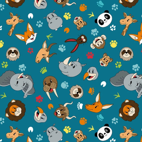 A to Zoo Tossed Animal Faces Teal Hannah of Pencil & Ink Studio Blank Quilting Cotton Fabric