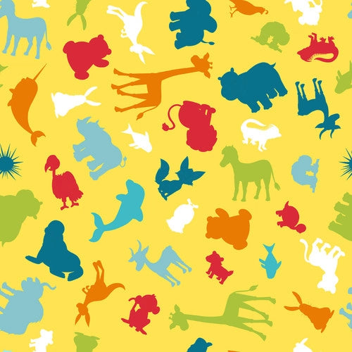 A to Zoo Tossed Animal Silhouettes Yellow Hannah of Pencil & Ink Studio Blank Quilting Cotton Fabric