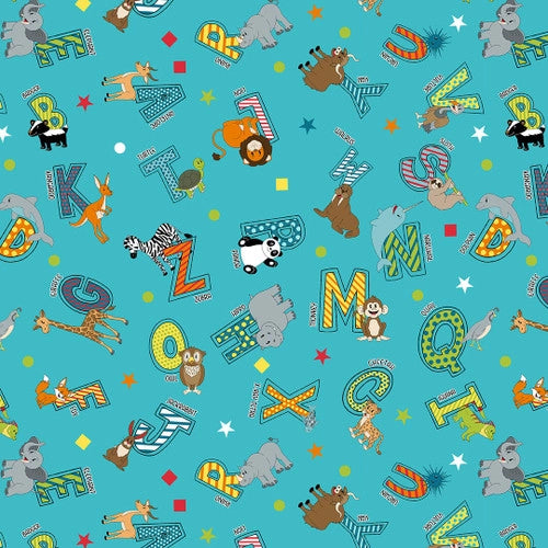 A to Zoo Tossed Animals And Letters Turquoise Hannah of Pencil & Ink Studio Blank Quilting Cotton Fabric