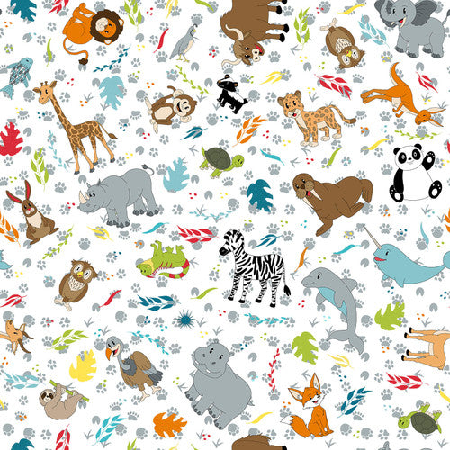 A to Zoo Tossed Animals White Hannah of Pencil & Ink Studio Blank Quilting Cotton Fabric