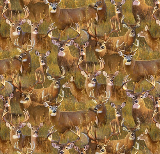 A Buck Stops Here Packed Deer Gold Hayden Lambson Elizabeth's Studio Cotton Fabric ES-44002-Gold