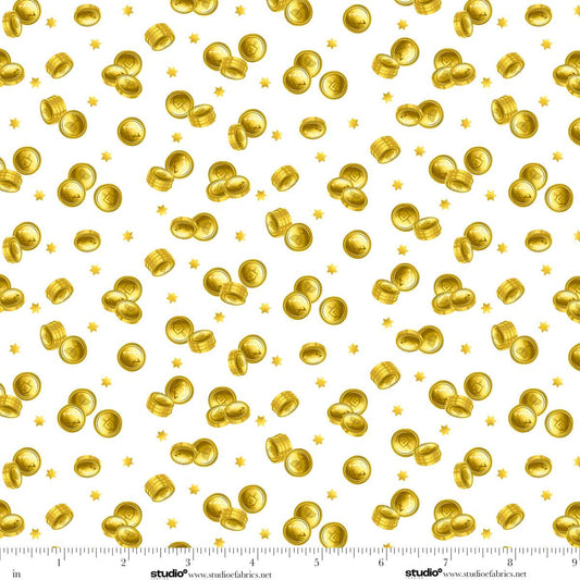 A Celebration of Light Gelt Gold Coins White Chelsea DesignWorks Studio E Cotton Fabric SE-8970-01