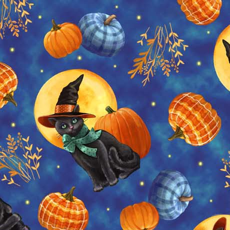 Abra-Cat-Dabra Cat and Pumpkin Toss Dark Blue Gina Jane Lee Quilting Treasures Cotton Fabric