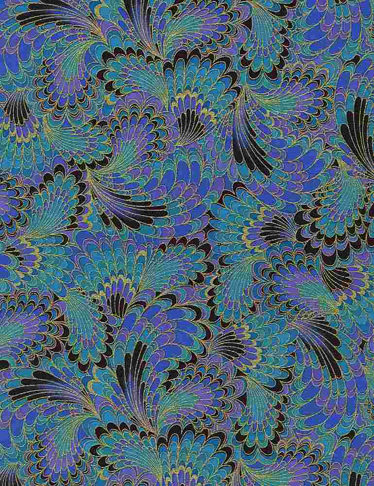 Abstract Endpaper Metallic Feather Plumage Peacock Blue Timeless Treasures Cotton Fabric