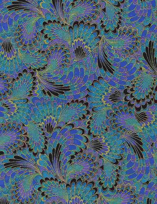 Abstract Endpaper Metallic Feather Plumage Peacock Blue Timeless Treasures Cotton Fabric