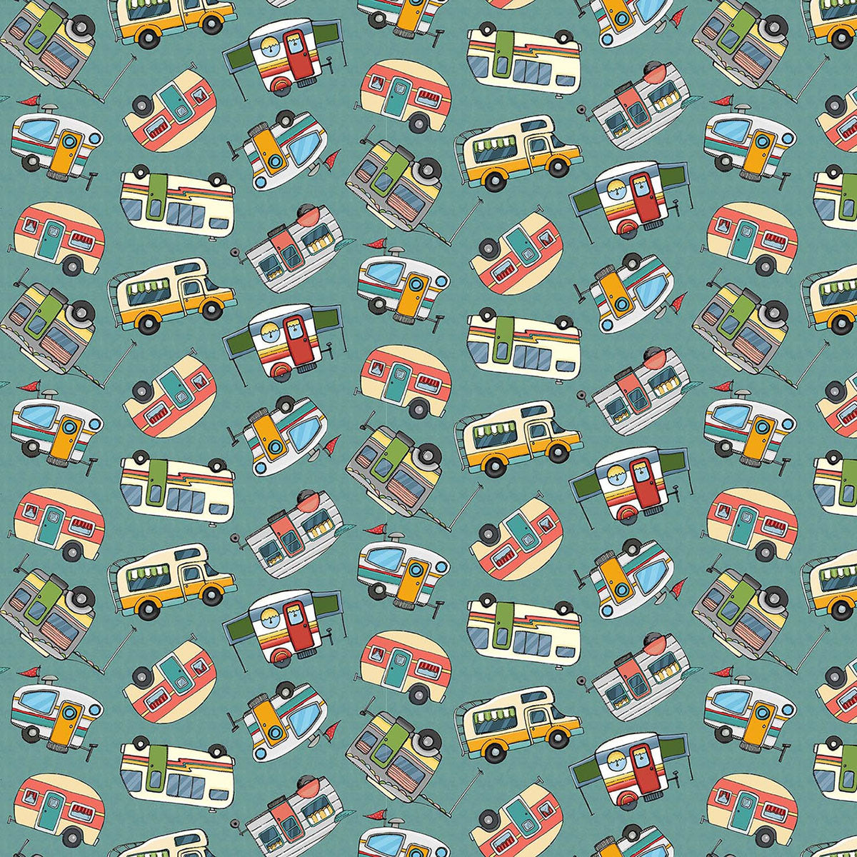 Adventure Awaits Campers Tossed Slate Gray Jackie Decker Blank Quilting Cotton Fabric