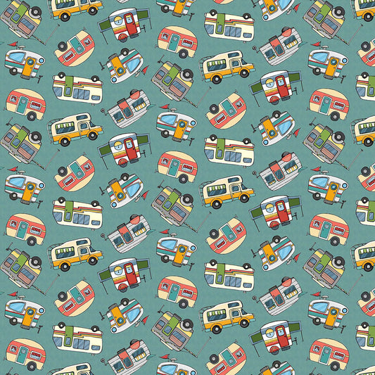 Adventure Awaits Campers Tossed Slate Gray Jackie Decker Blank Quilting Cotton Fabric