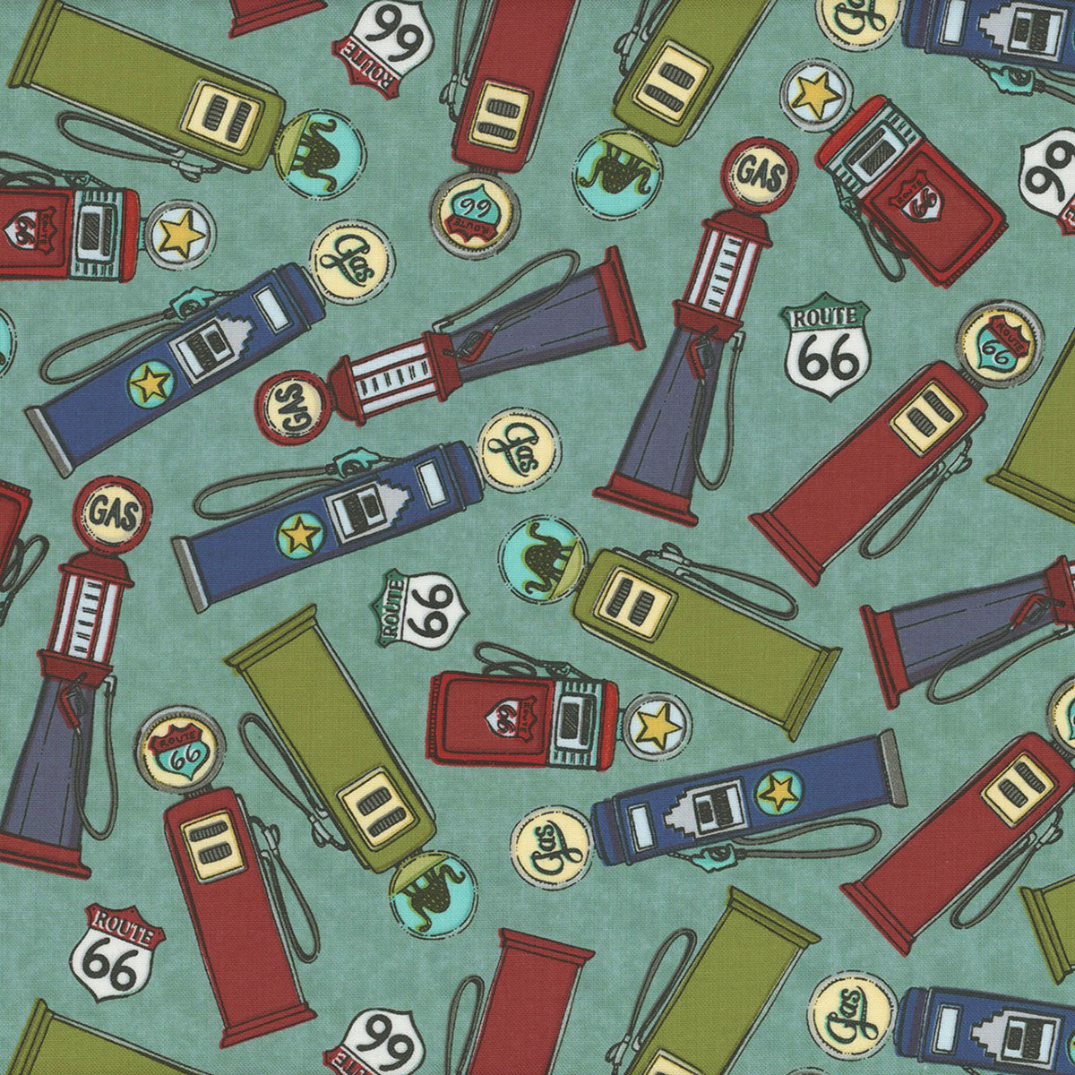 Adventure Awaits Tossed Gas Pumps Light Blue Jackie Decker Blank Quilting Cotton Fabric | US Fabric Shop