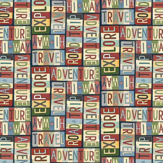 Adventure Awaits Travel Words Explore Black Jackie Decker Blank Quilting Cotton Fabric