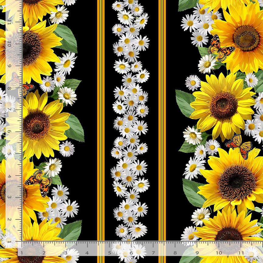 Advice From A Sunflower 11'' Stripe Sunflower and Butterflies Black Timeless Treasures Cotton Fabric