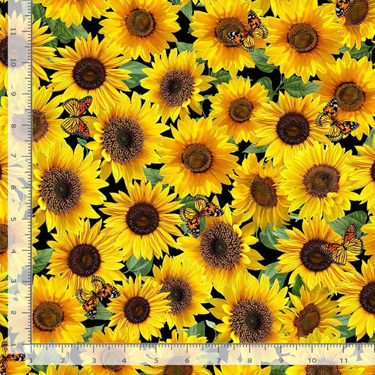 Advice From A Sunflower Packed Sunflower and Butterflies Yellow Timeless Treasures Cotton Fabric