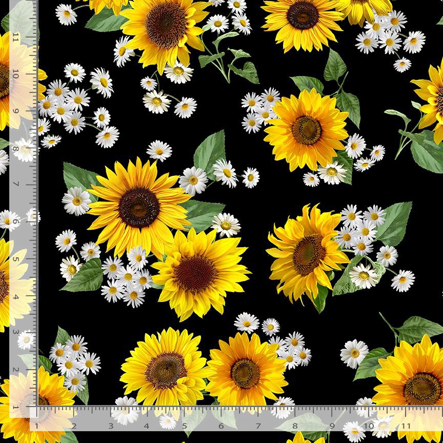 Advice from a Sunflower Sunflowers & Daisies Bouquets Black Timeless Treasures Cotton Fabric TT-FLEUR-CD2924-BLACK