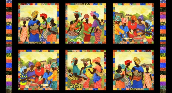 African Story Block Panel 24" Black Gwendolyn McShepard Elizabeth's Studio Cotton Fabric