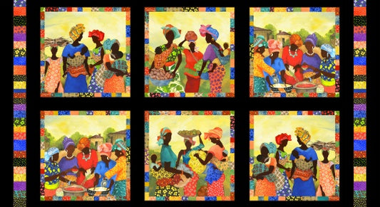 African Story Block Panel 24" Black Gwendolyn McShepard Elizabeth's Studio Cotton Fabric