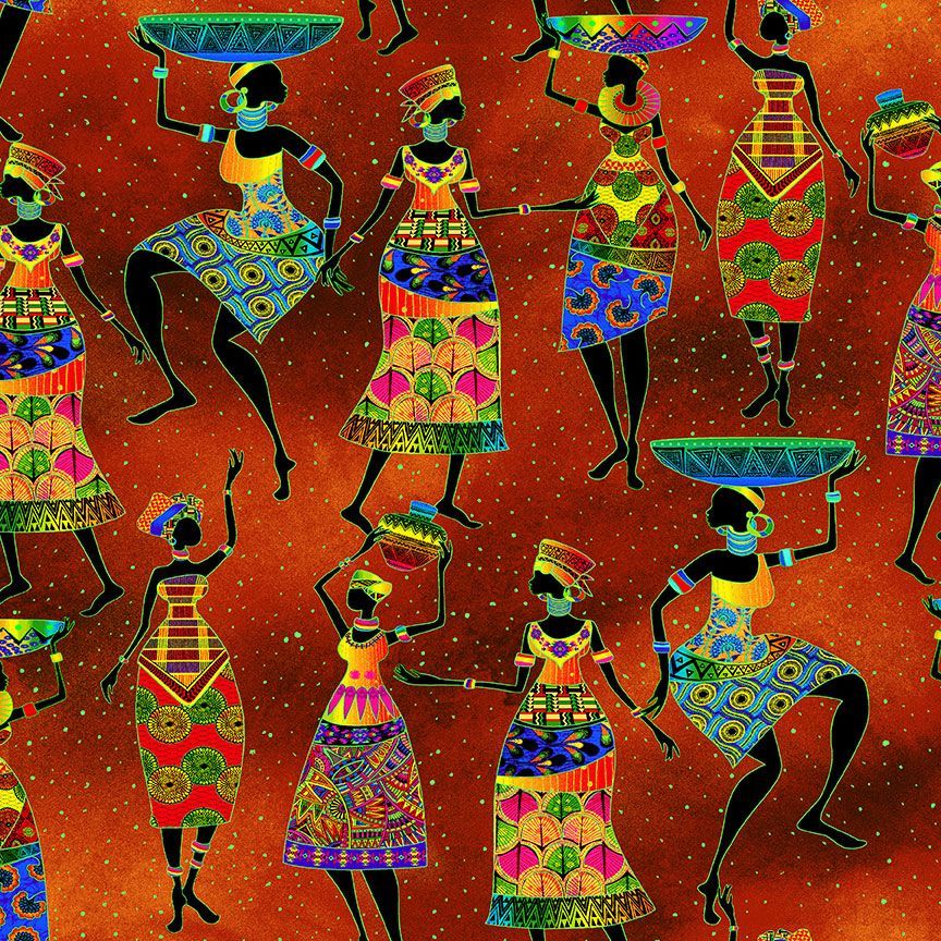 African Sunset African Women Dance Rust Metallic Chong-A-Hwang Timeless Treasures Cotton Fabric