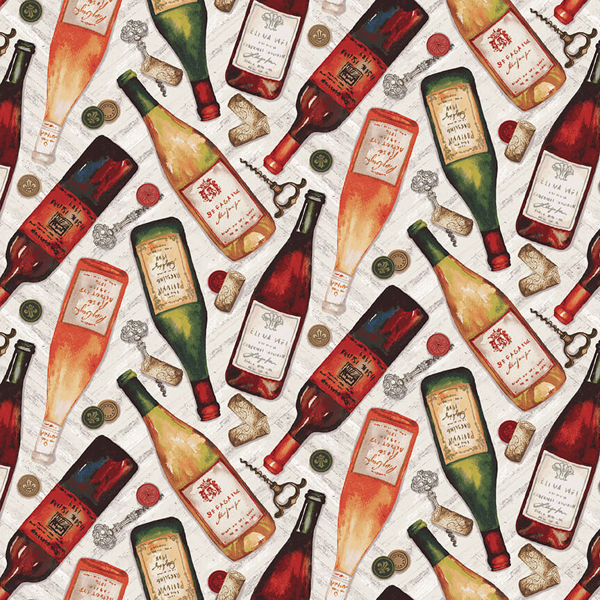 After Five Tossed Wine Bottles Multi Mary Beth Baker Henry Glass Cotton Fabric