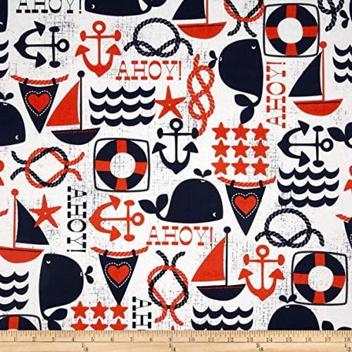 Ahoy Matey Nautical Motifs White Distressed Michael Miller Cotton Fabric