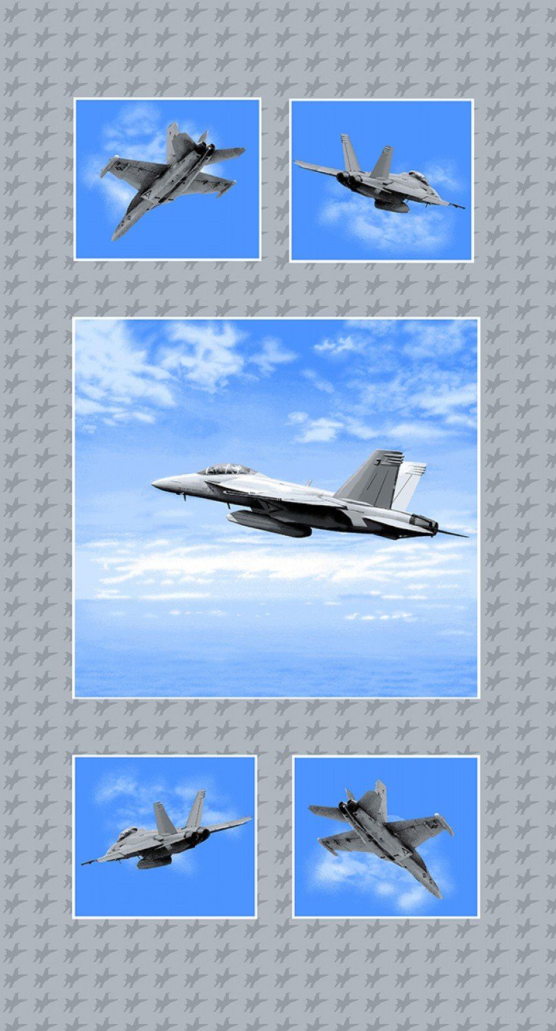 Air Show Fighter Jet Plane Panel 24" Grey Studio E Cotton Fabric SE-4281P-11
