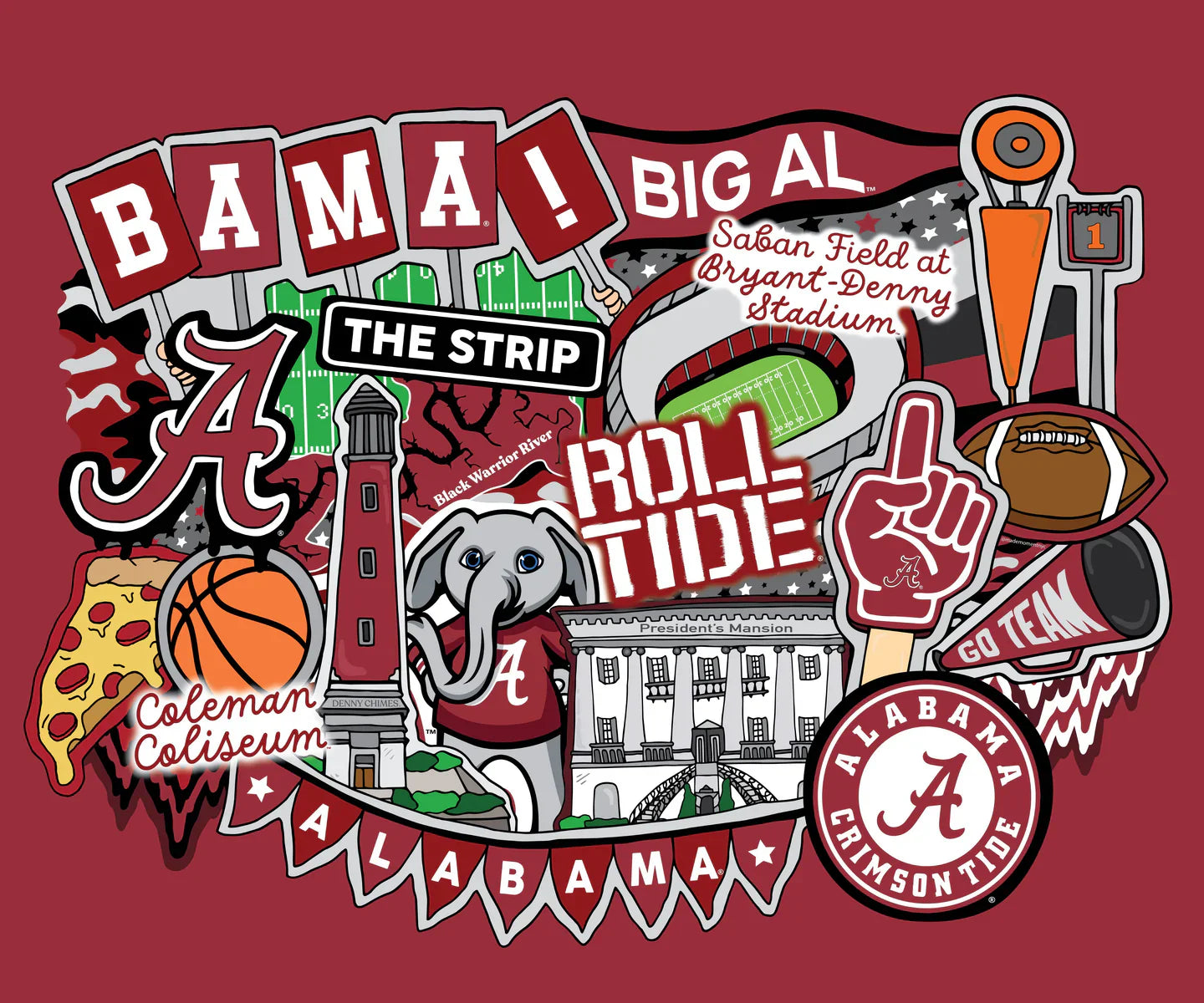 Alabama Crimson Tide NCAA College Doodle Panel 36"  Sammy Sykel Enterprises Cotton Fabric SYK-AL-2000