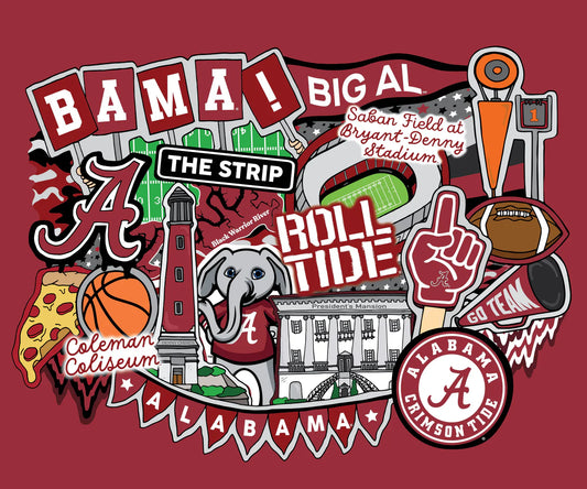 Alabama Crimson Tide NCAA College Doodle Panel 36"  Sammy Sykel Enterprises Cotton Fabric SYK-AL-2000