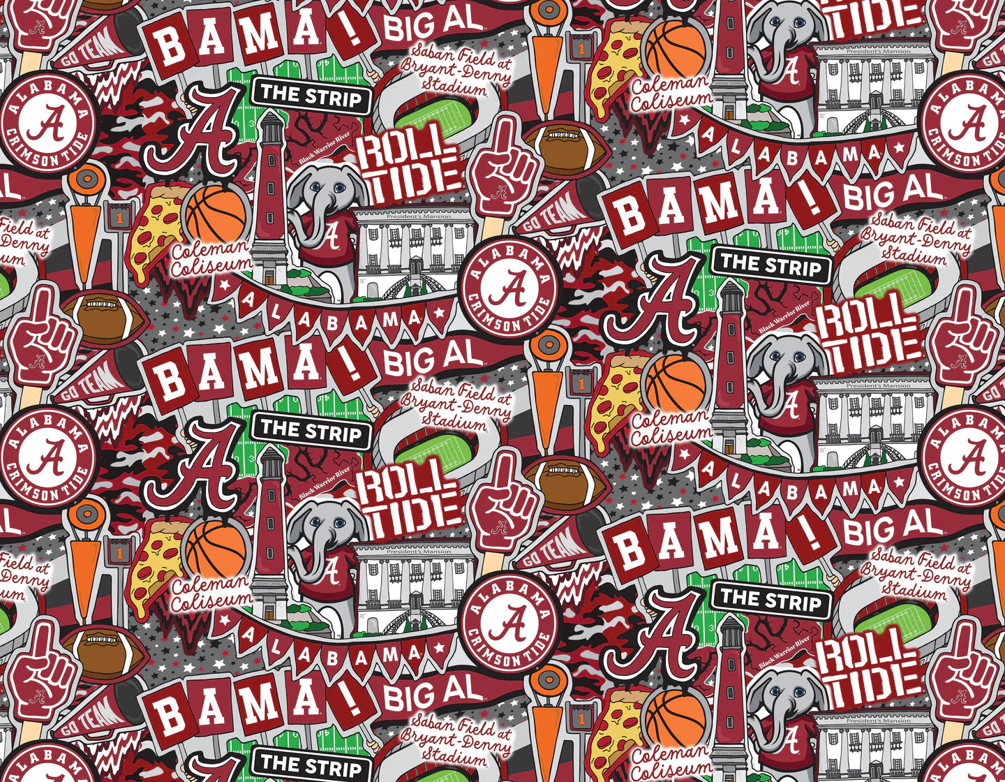 Alabama Crimson Tide NCAA College Doodle Sammy Sykel Enterprises Cotton Fabric SYK-AL-2001