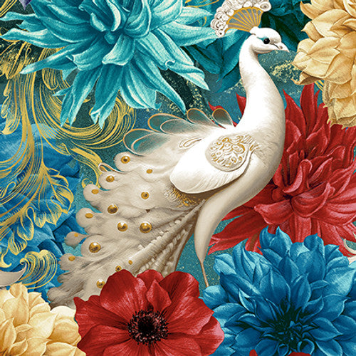 Alabaster Wings Peafowls and Flowers Teal Pattern Weave Studio Blank Quilting Cotton Fabric BQ-3857-77