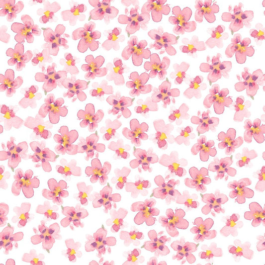 All Big Things Start Small Pink Blossoms Floral White and Pink Beth Reed Studio E Cotton Fabric