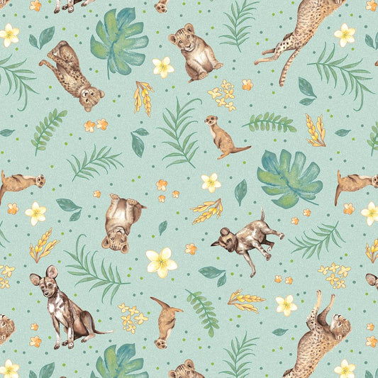 All Big Things Start Small Tossed Carnivores and Floral Sage Green Beth Reed Studio E Cotton Fabric