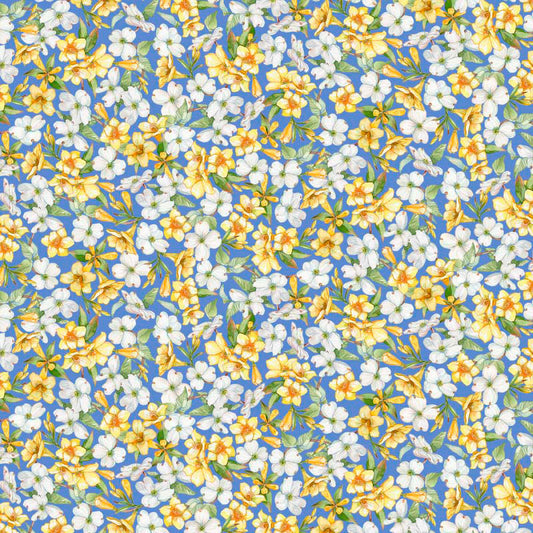 All Carolina Shop Hop 2024 Flowers Wedgewood Blue Quilting Treasures Cotton Fabric