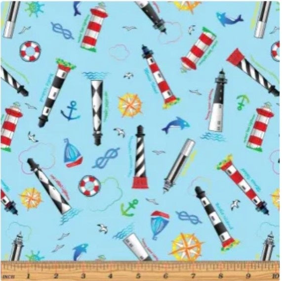 All Carolinas Shop Hop 2022 Light Houses Tossed Light Blue Benartex Cotton Fabric