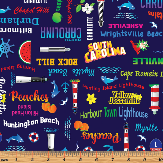 All Carolinas Shop Hop 2022 Light Houses Words Navy Blue Benartex Cotton Fabric