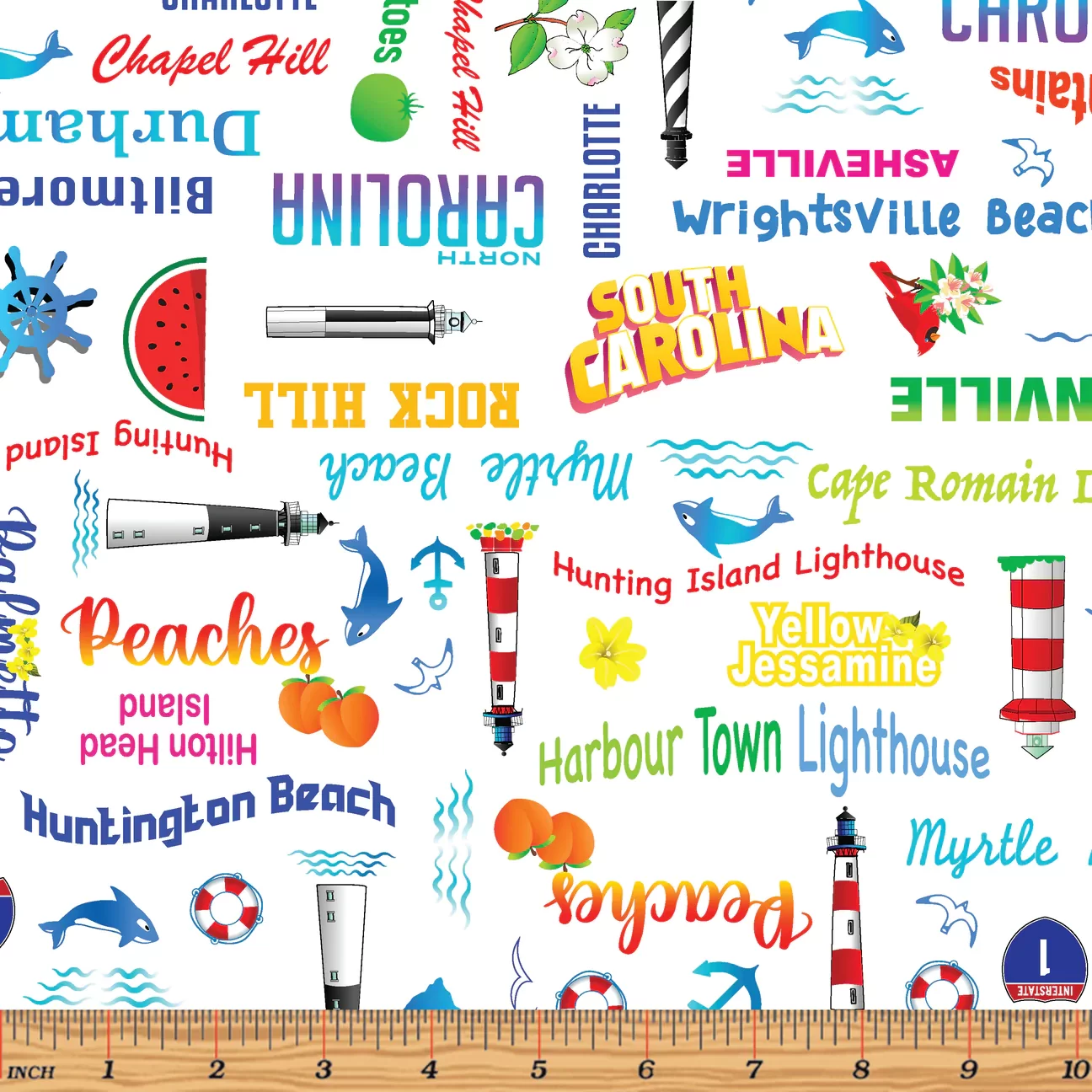 All Carolinas Shop Hop 2022 Light Houses Words White Benartex Cotton Fabric