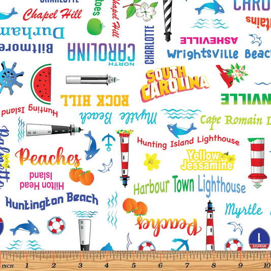 All Carolinas Shop Hop 2022 Light Houses Words White Benartex Cotton Fabric