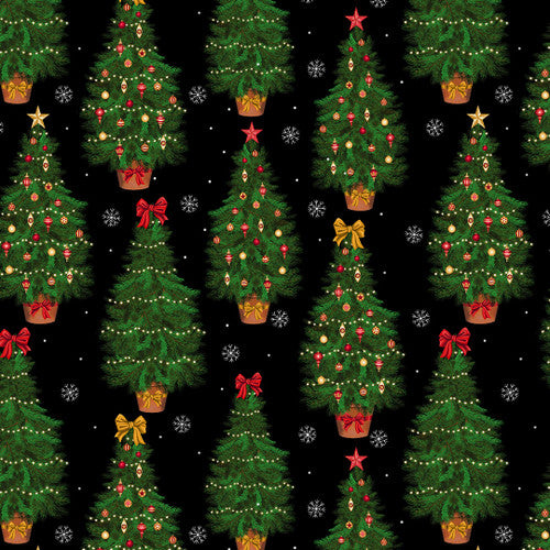 All Spruced Up Christmas Trees Black Satin Moon Designs Blank Quilting Cotton Fabric