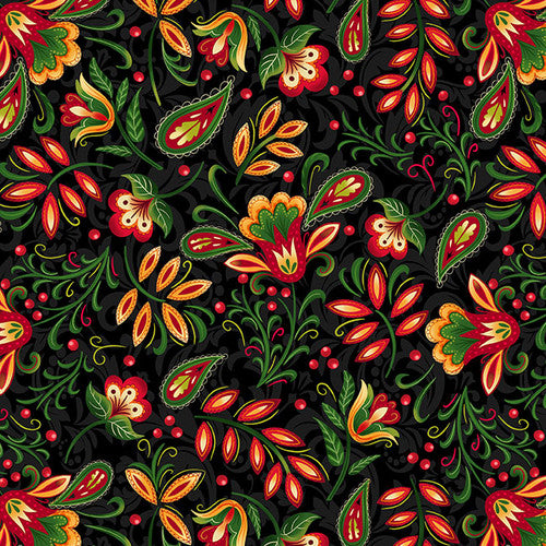 All Spruced Up Floral Paisley Black Satin Moon Designs Blank Quilting Cotton Fabric