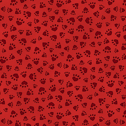 All You Need is Love and a Cat Paw Prints Red Beth Logan of ArtStuff Henry Glass Cotton Fabric