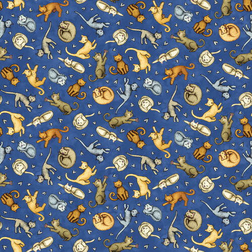 All You Need is Love and a Cat Tossed Cats Royal Blue Beth Logan ArtStuff Henry Glass Cotton Fabric