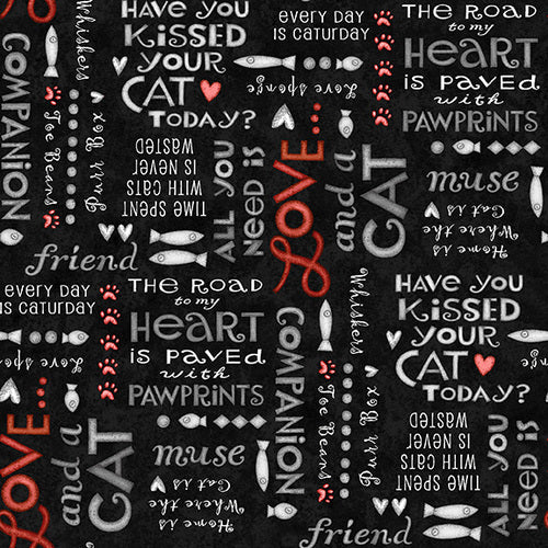 All You Need is Love and a Cat Words Black Beth Logan of ArtStuff Henry Glass Cotton Fabric