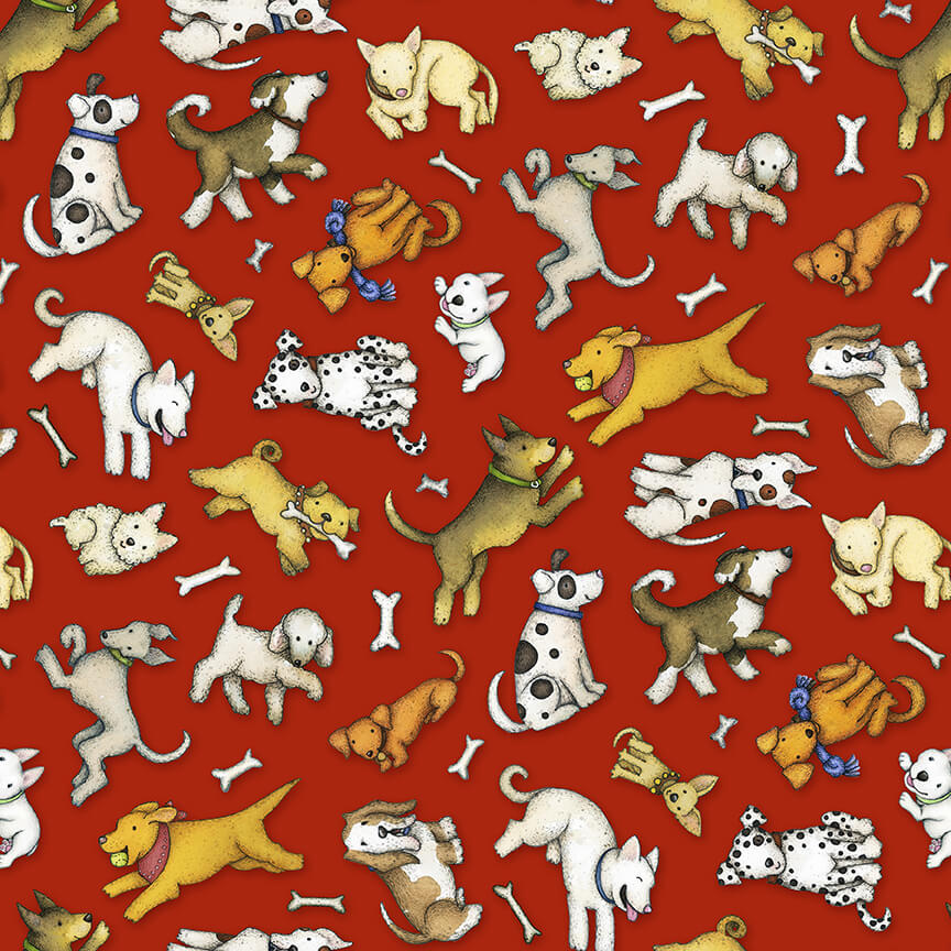 All You Need is Love and a Dog Tossed Dogs and Bones Red Henry Glass Cotton Fabric