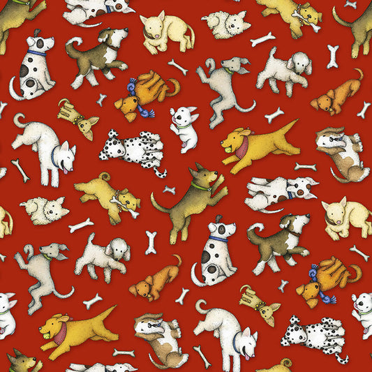 All You Need is Love and a Dog Tossed Dogs and Bones Red Henry Glass Cotton Fabric