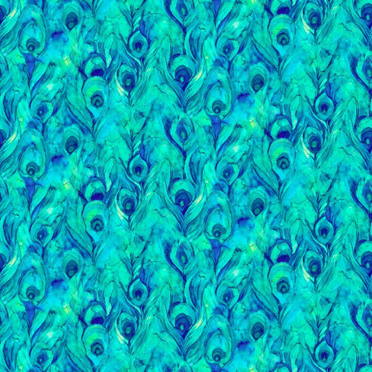 Allure Large Feathers Turquoise Blue Multi Deborah Edwards and Melanie Samra Northcott Cotton Fabric