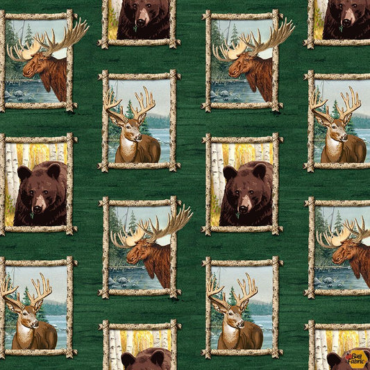 Along the Valley Wildlife Portraits Continuous Blocks Hunter Green Harry W Smith Studio E Cotton Fabric