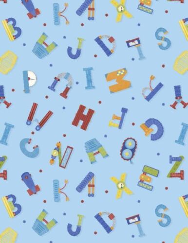 Alpha Bots Alphabet Letters Toss Sky Blue Wilmington Prints Cotton Fabric