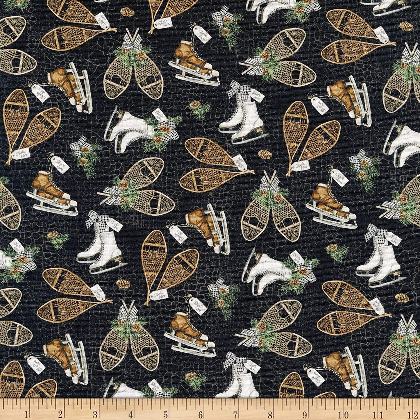 Alpine Winter Skate and Snowshoe Toss Black Deborah Edwards Northcott Cotton Fabric