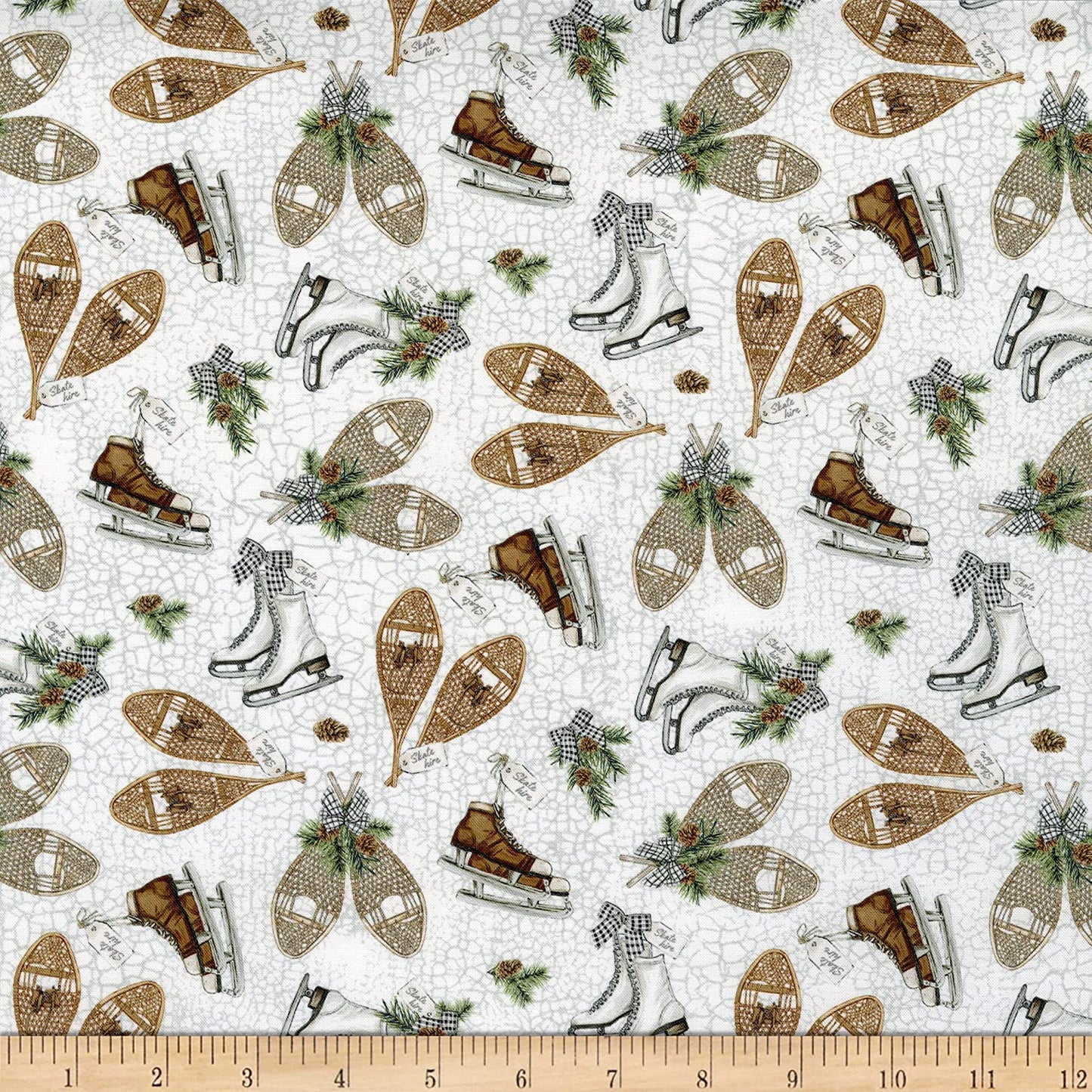 Alpine Winter Skate and Snowshoe Toss White Deborah Edwards Northcott Cotton Fabric