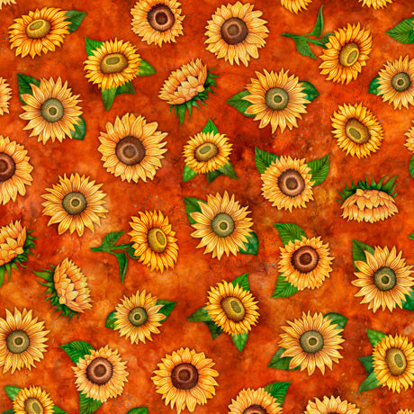 Always Face Sunshine Small Tossed Sunflowers Rust Dan Morris Quilting Treasures Cotton Fabric