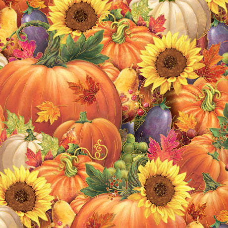 Always Give Thanks Pumpkins and Sunflowers Orange Quilting Treasures Cotton Fabric