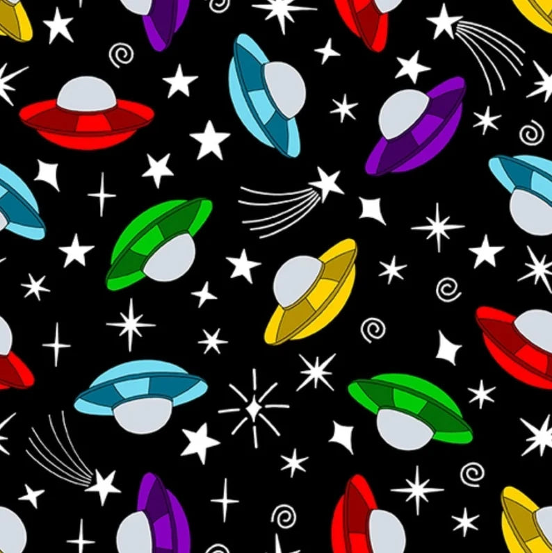 Amazing Aliens Space Ships Black Glow the Dark Blank Quilting Fabric Cotton Fabric