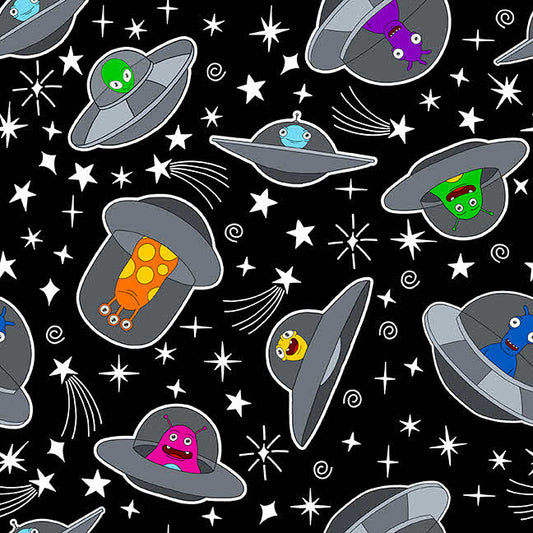 Amazing Aliens Space Ships with Aliens Black Glow the Dark Blank Quilting Cotton Fabric